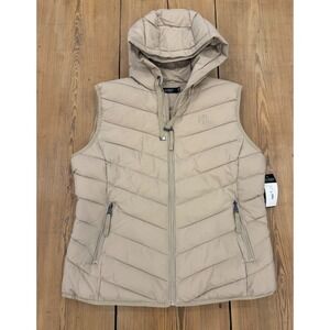 Lauren Ralph Lauren Women's Hooded Quilted Puffer Vest Birch Tan Full Zip XL